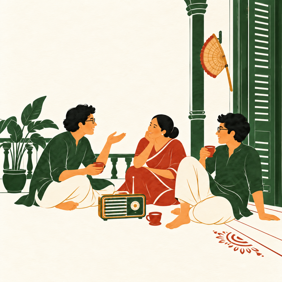 Bengali friends sharing tea, radio music and adda on a traditional verandah